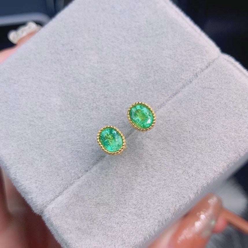 925 Silver Inlaid Emerald Stud Earrings