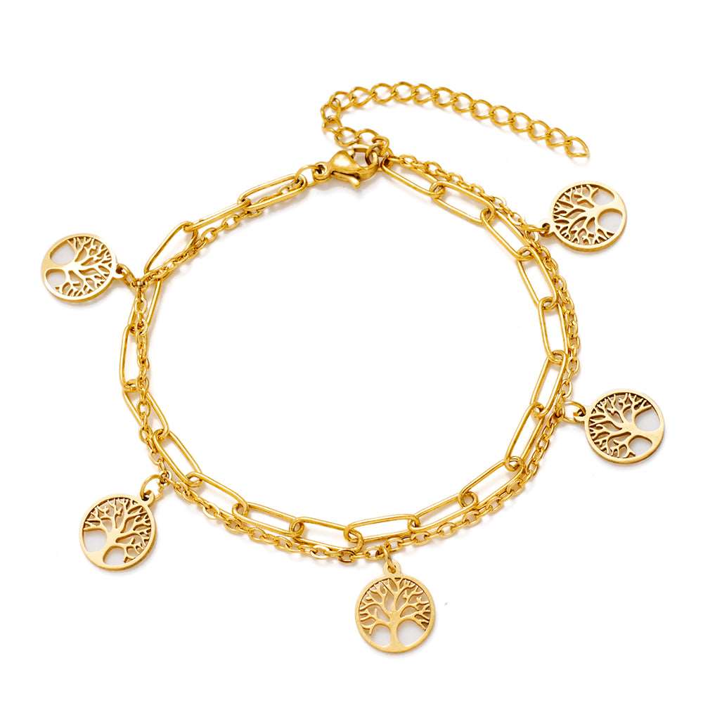 Double Layer Gold Stainless Steel Chain Bracelet Butterfly Heart Dog Paw Tree Of Life Charm Bracelets For Women Gold2