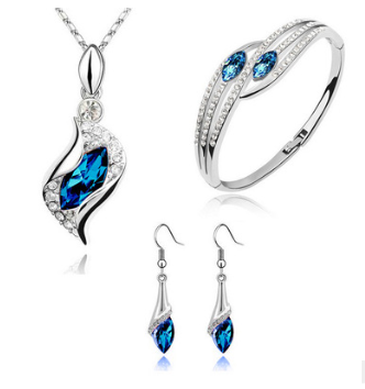 New Angel Elf Earrings Necklace Bracelet Three-pi ece Austria Crystal Alloy Jewelry Set Hole blue