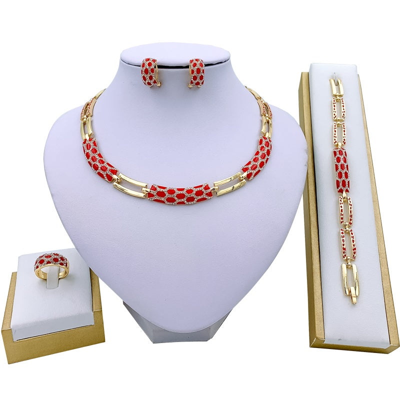 New Korean style diamond earring necklace set Red