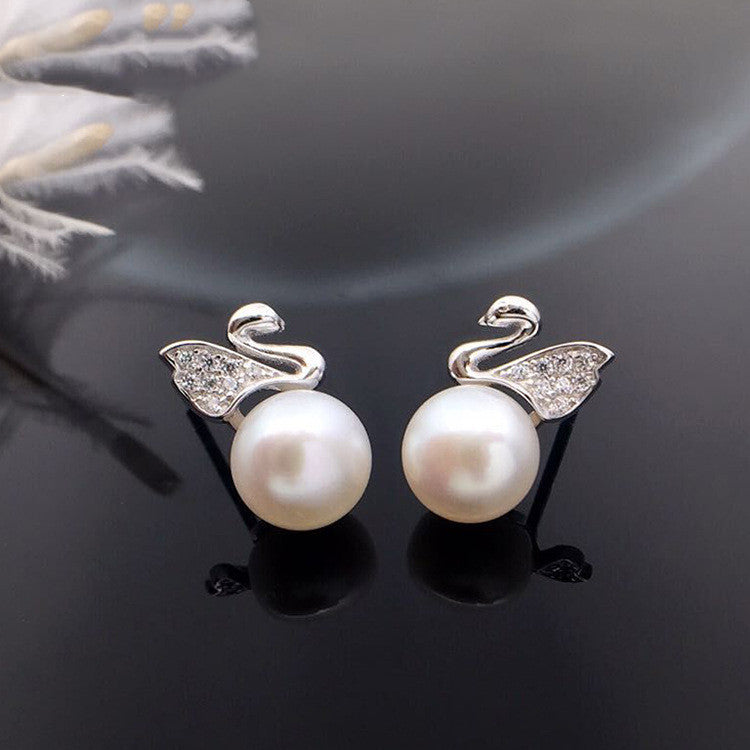 S925 silver freshwater pearl swan earrings