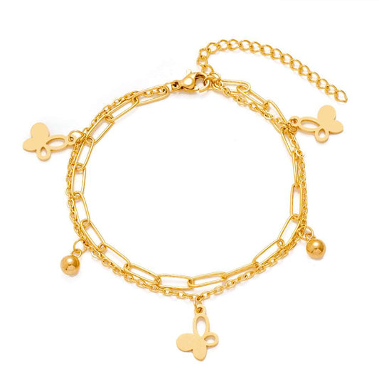 Double Layer Gold Stainless Steel Chain Bracelet Butterfly Heart Dog Paw Tree Of Life Charm Bracelets For Women Gold1