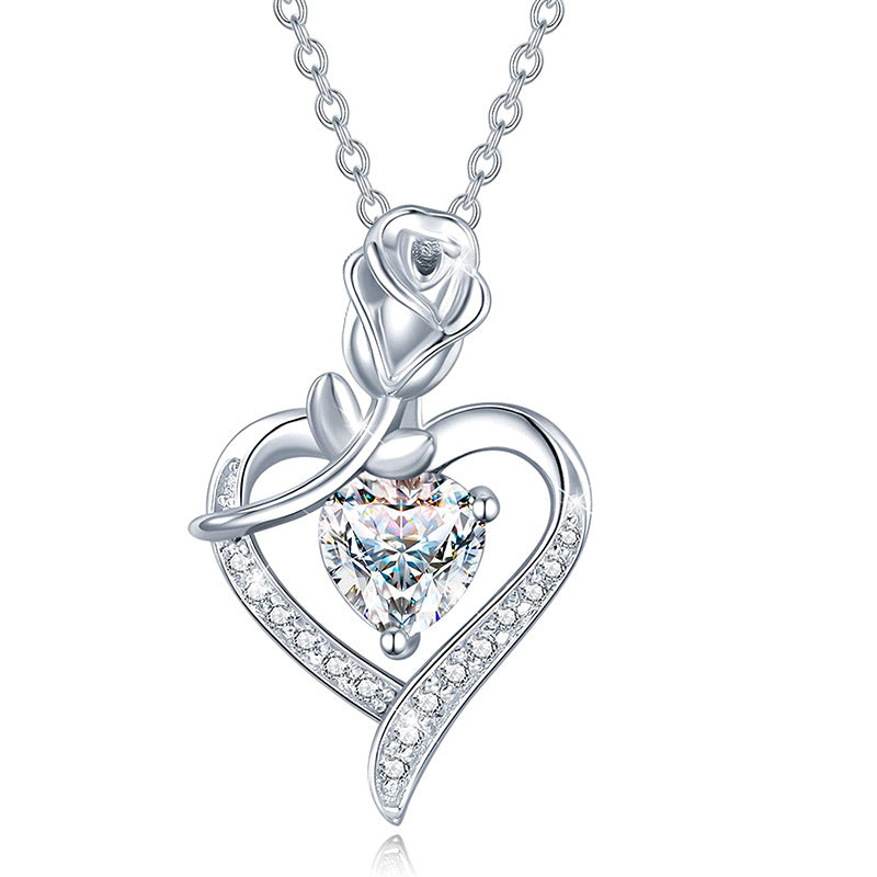 925 Silver Heart-shaped Rose Zircon Necklace Pendant With Cross Chain 925 Silver