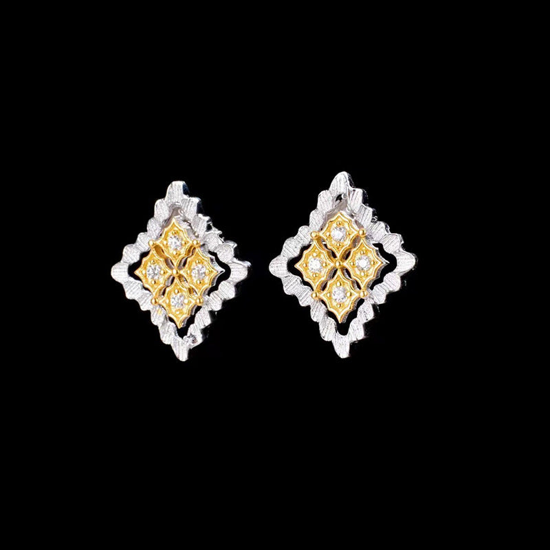 Italian Craft Diamond Stud Earrings Gold Plated Two Tone Silver