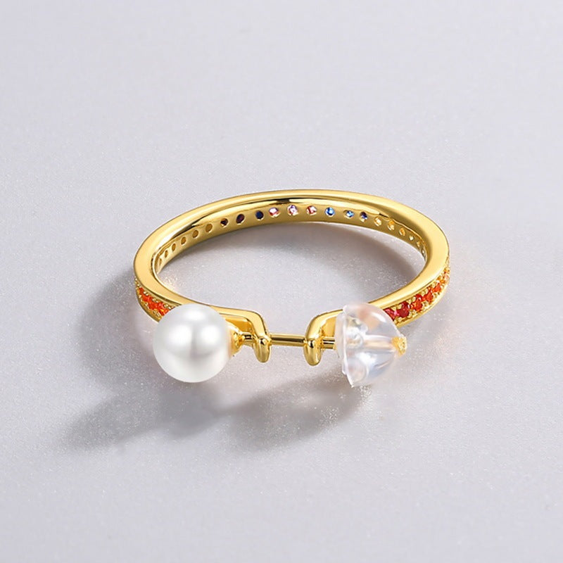 New S925 Silver Pearl Round Ring Earrings Full Inlaid Color Zirconium