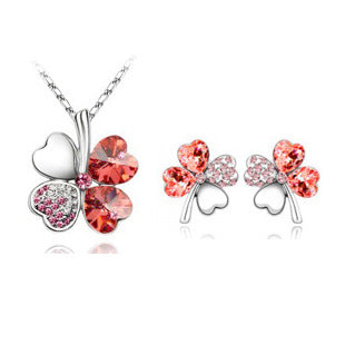 Four-leaf clover crystal necklace earrings Water lotus red 1 set