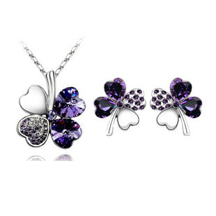 Four-leaf clover crystal necklace earrings Deep purple 1 set