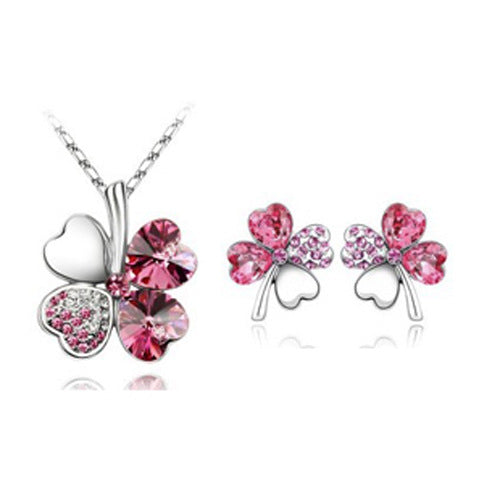 Four-leaf clover crystal necklace earrings Rose Red 1 set