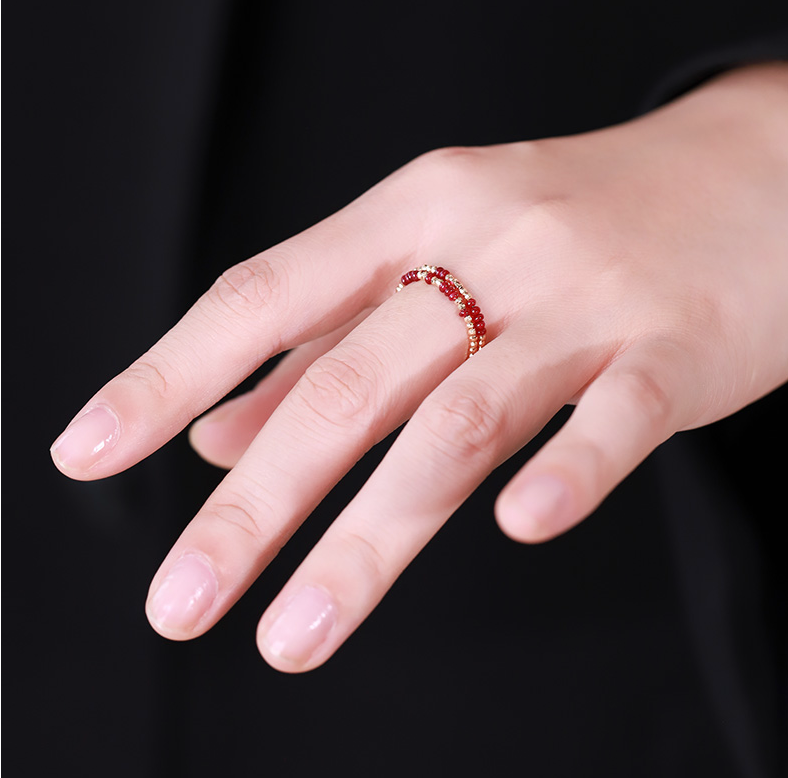 Pigeon Blood Ruby Ring Female 18K Gold Treasure Double-layer Tail Ring Elastic Model Ruby Double layer