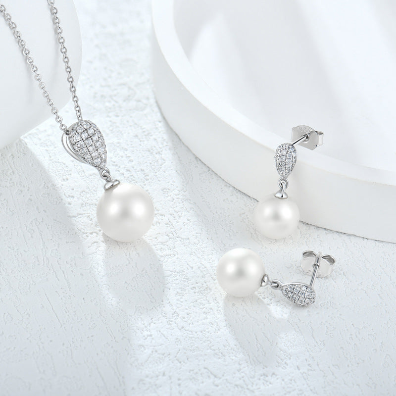 Women's Fashion Sterling Silver Zircon Pearl Necklace & Earring Set