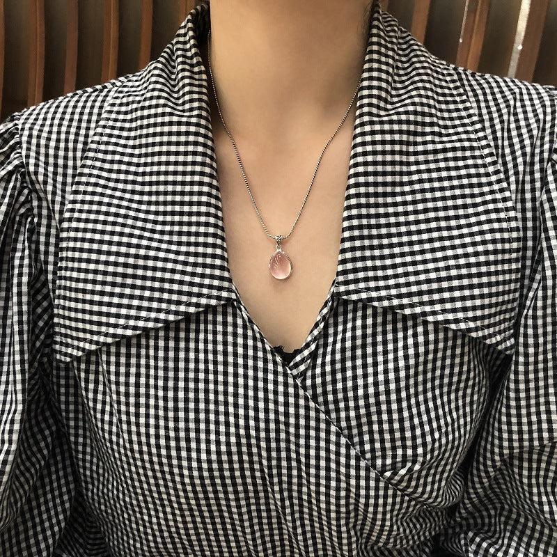 S925 Silver Powder Crystal Pendant Necklace Women's All-match Drop-shaped Ice-like Ross Quartz Clavicle Chain