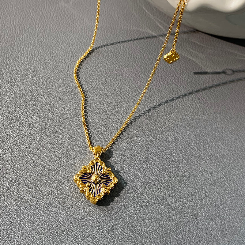 European And American 18K Gold Four Leaf Grass Necklace Female Blue