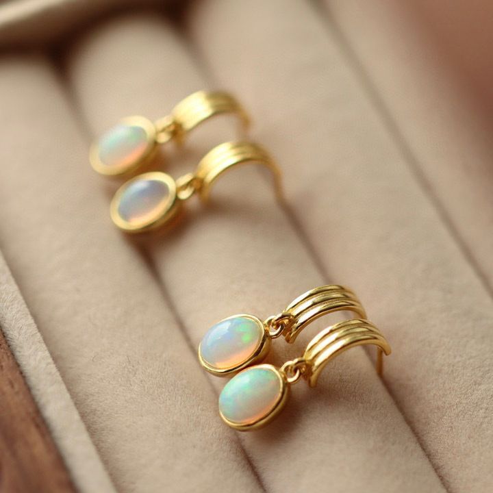 Retro French Style Natural Opal Sterling Silver Plated 18K Gold Earrings
