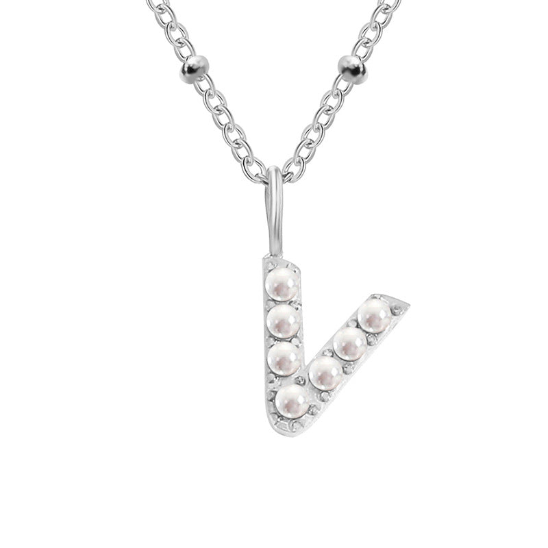 Niche Clavicle Chain 26 Pearl Letter Pendant Simple Stainless Steel Necklace V Stainless Steel