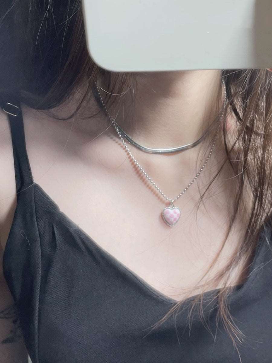Checkerboard Love Titanium Steel Chain Necklace Pink bead chain