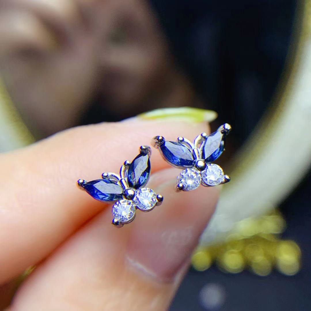 925 Silver Inlaid Natural Sapphire Butterfly Studs