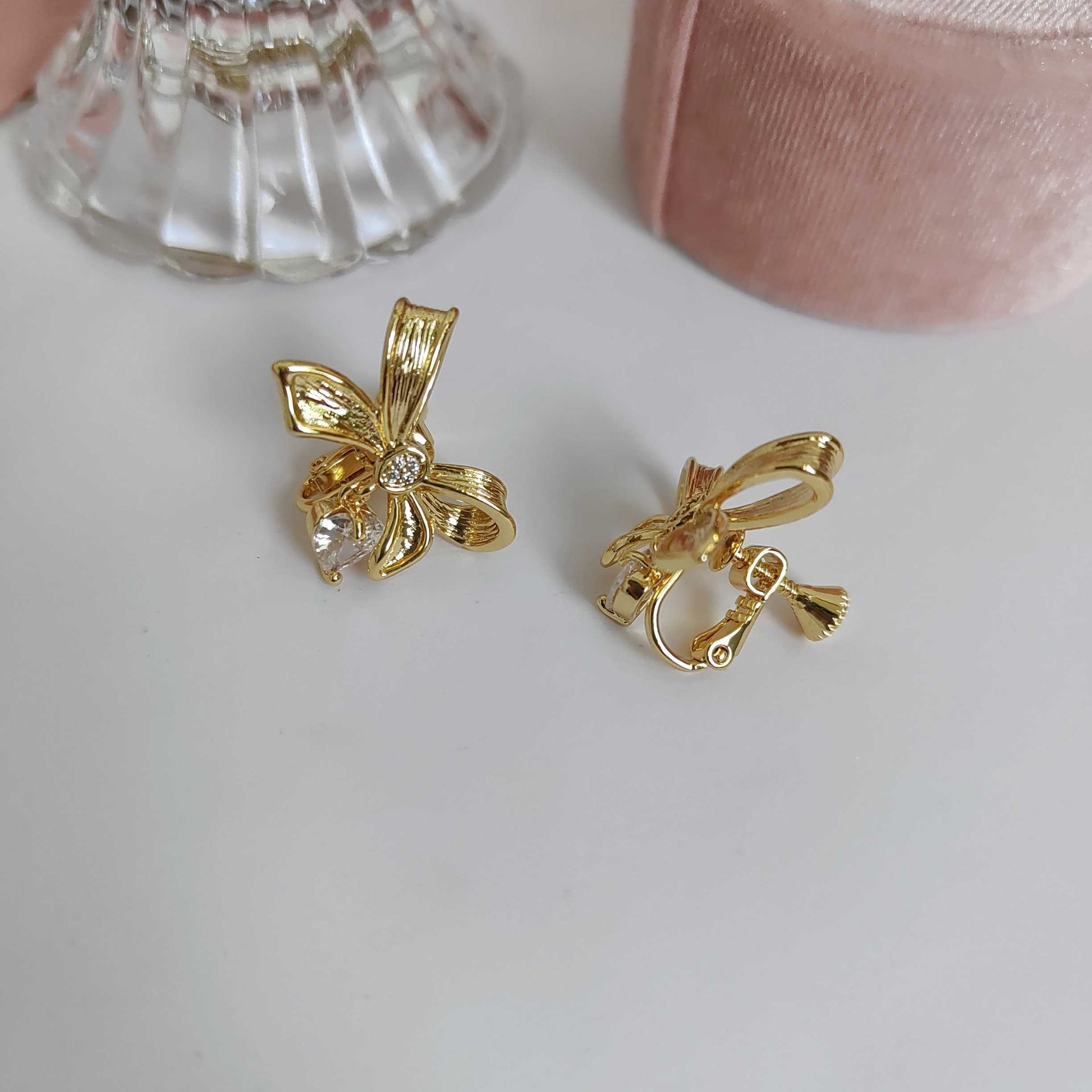 Gold Vintage Bow Heart Zircon Elegant Princess Earrings Ring Collar Ear clip