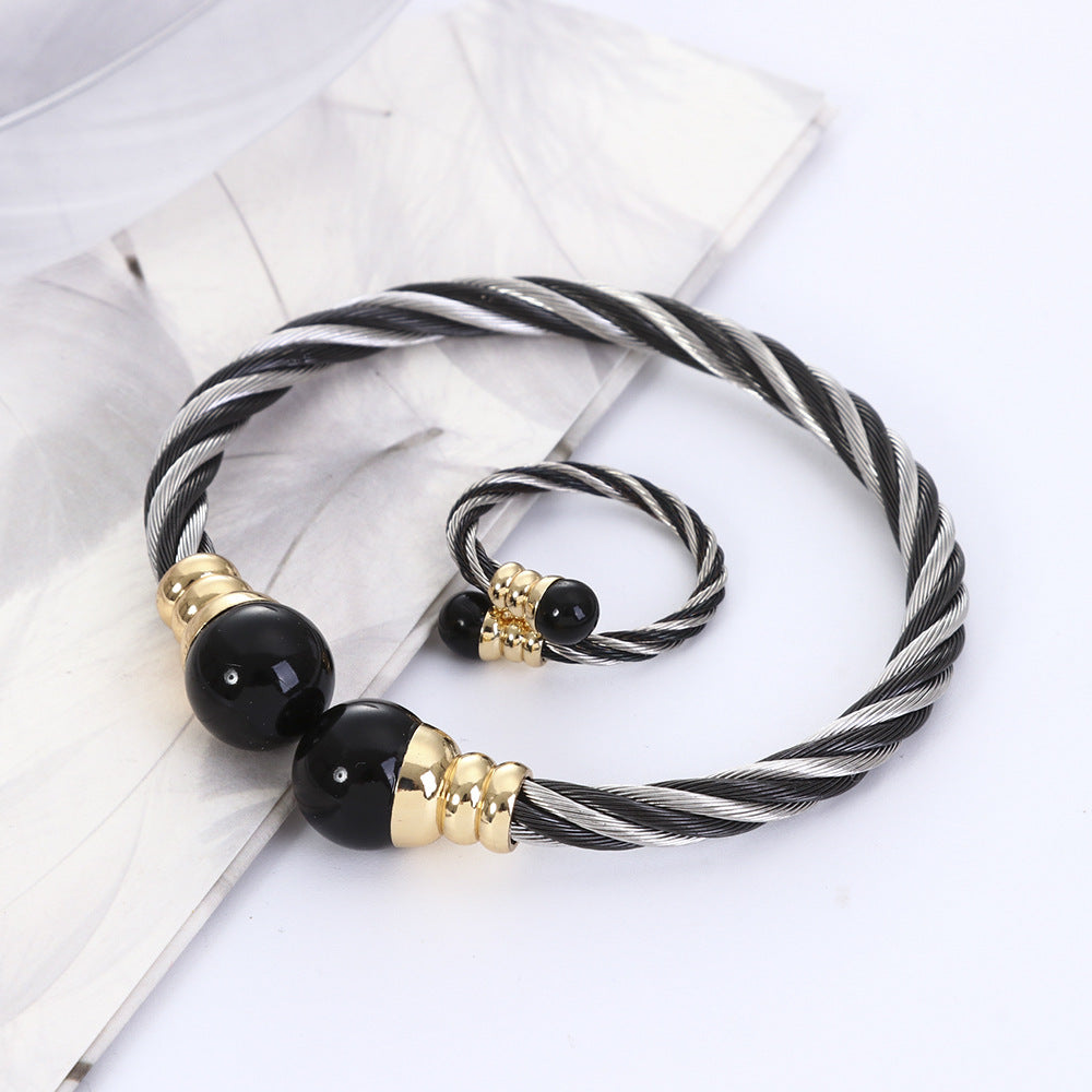 Stainless Steel Classic Style Two-tone Classic Handmade Braided Bracelets Ring Two-piece Set