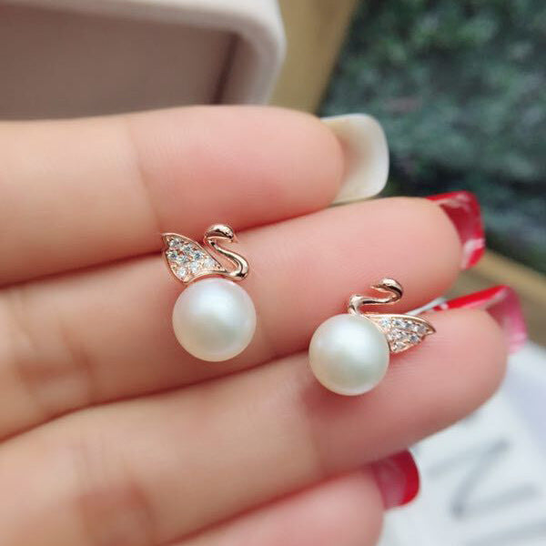 S925 silver freshwater pearl swan earrings Rose gold