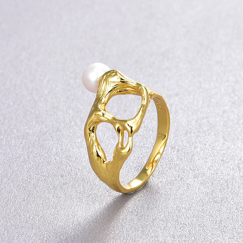 Irregular Cutout S925 Silver 18k Gold Plated Pearl Ring