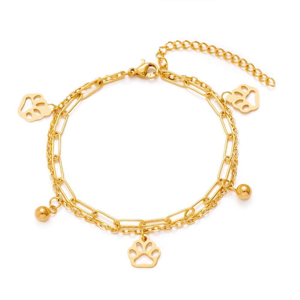 Double Layer Gold Stainless Steel Chain Bracelet Butterfly Heart Dog Paw Tree Of Life Charm Bracelets For Women Gold4