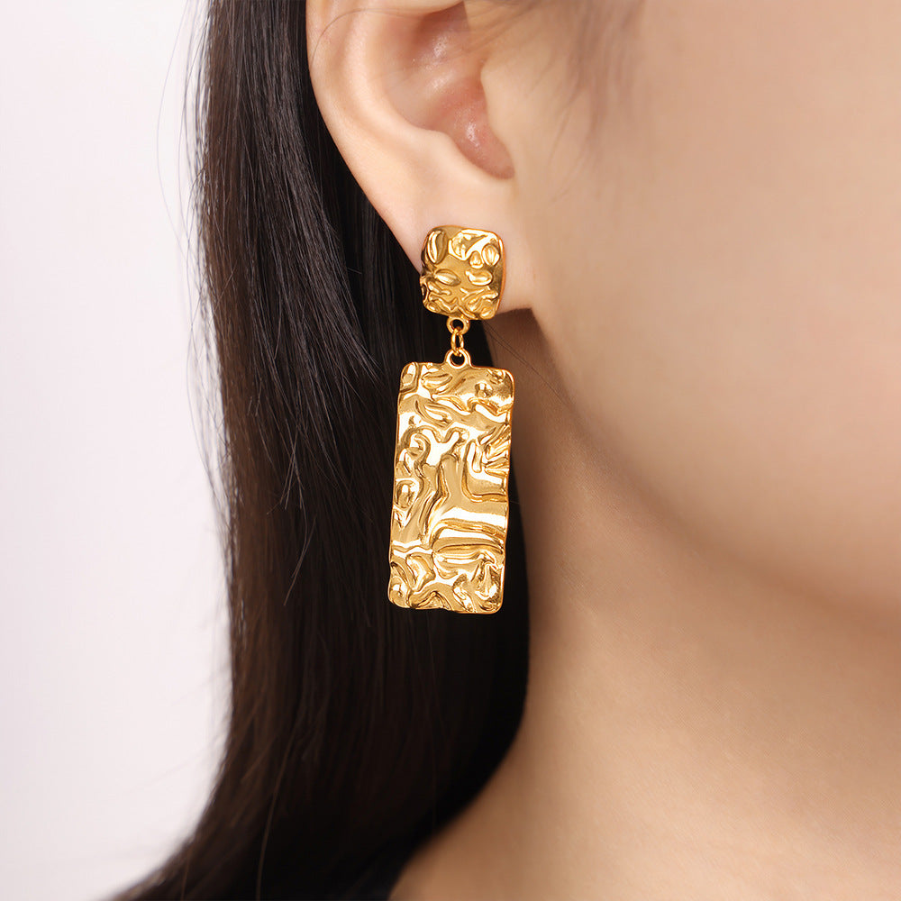 Personalized Retro Titanium Steel Gold-plated Long Square Pleated Earrings