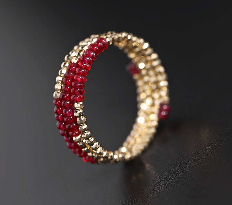 Pigeon Blood Ruby Ring Female 18K Gold Treasure Double-layer Tail Ring Elastic Model Ruby Three layers