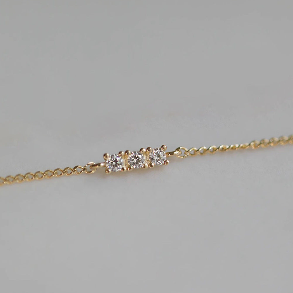 Daily Minimalist Bracelet 925 Sterling Silver Gold Plated Three Diamond Micro Inlaid