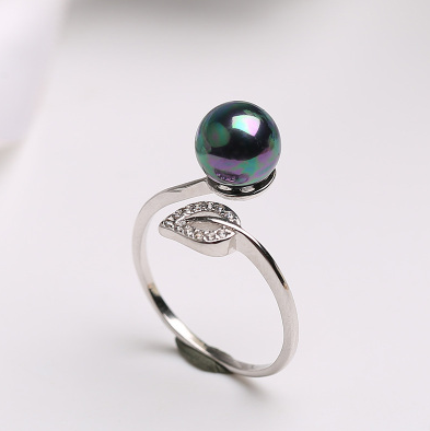 Pearl Ring women's single opening adjustable ring Green Silver
