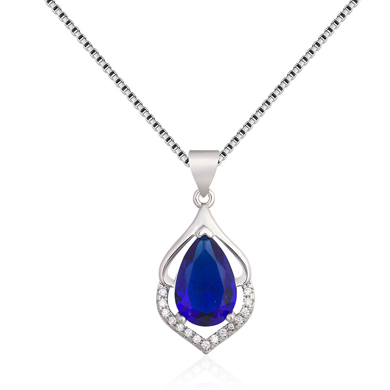 European And American Style New Colored Gems Water Drop Pendant Clavicle Chain Dark Blue Diamond Pendant