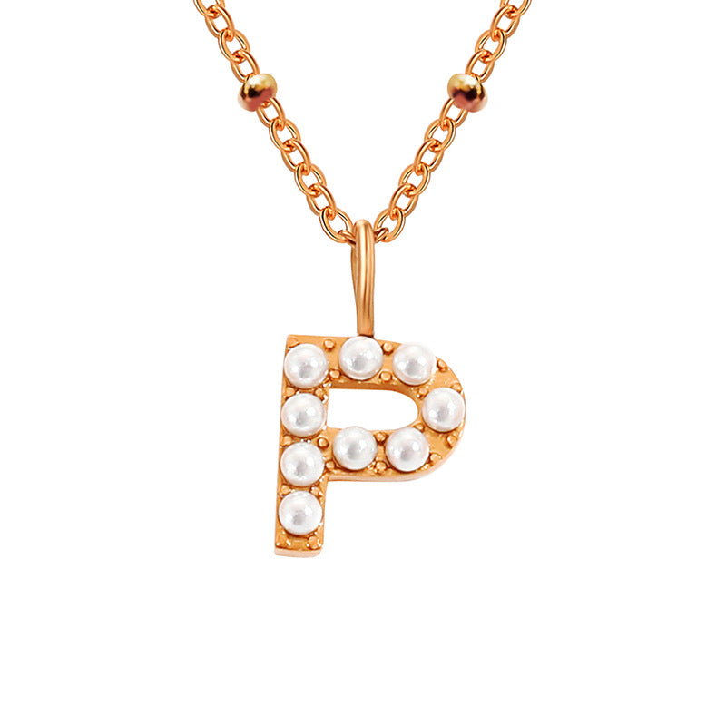 Niche Clavicle Chain 26 Pearl Letter Pendant Simple Stainless Steel Necklace P Rose Gold