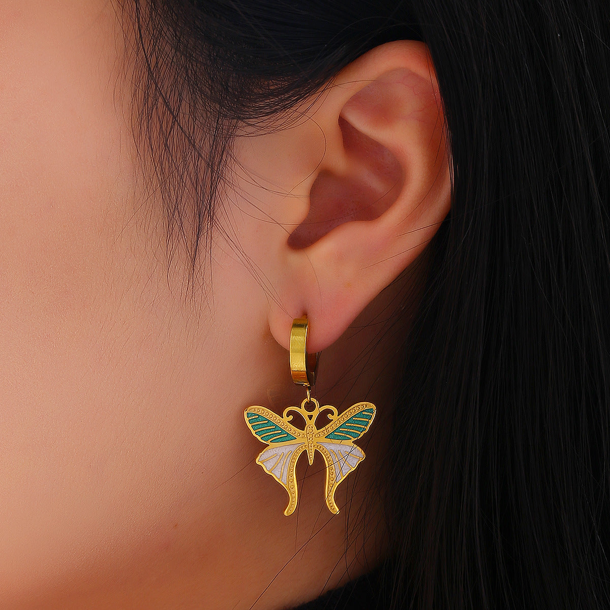 Colorful Oil Necklace Butterfly Earrings High Sense Temperamental Fashionmonger Diamond Ear Hanging W25 EH25027 GNBL