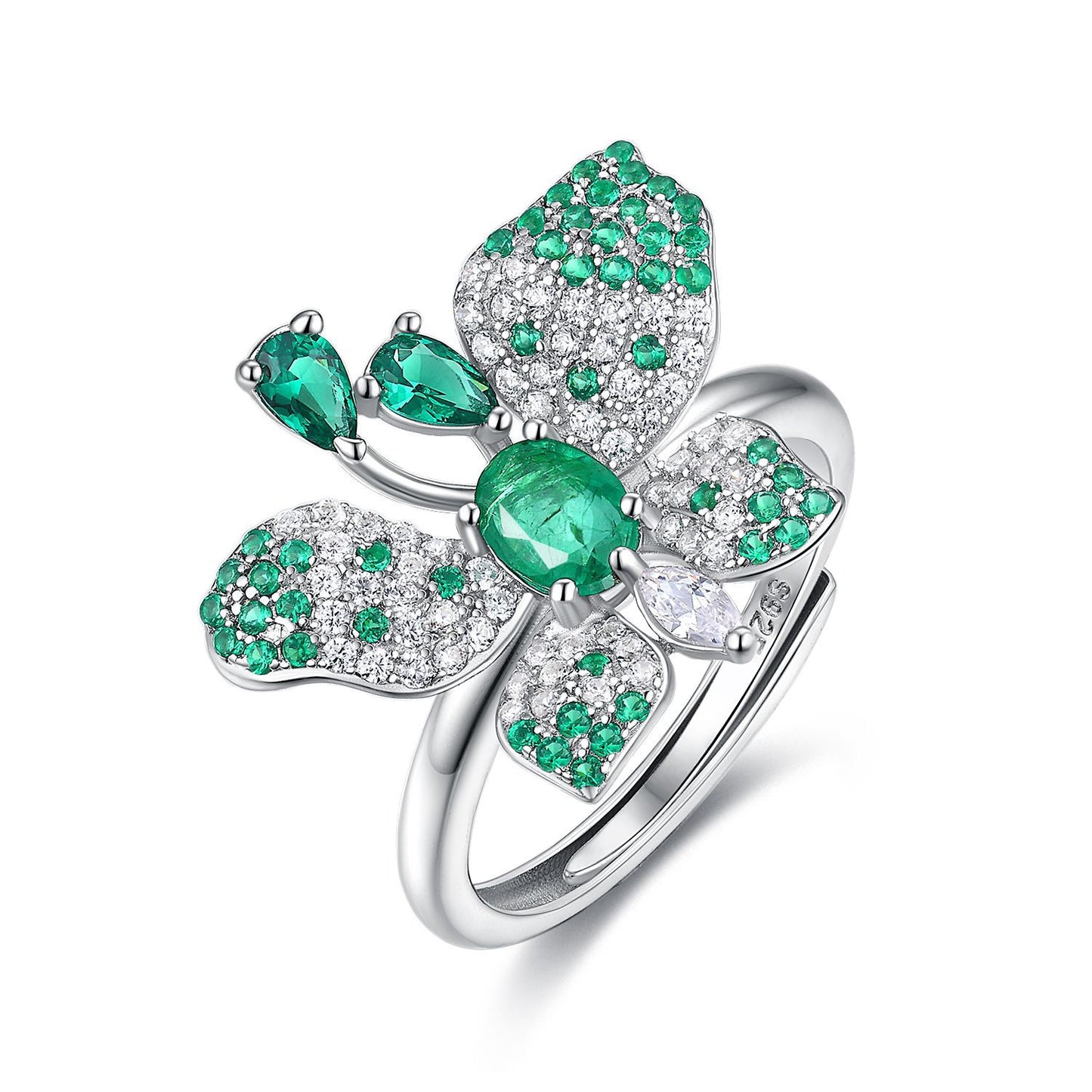 Butterfly Ring S925 Silver Set Natural Emerald Platinum gold