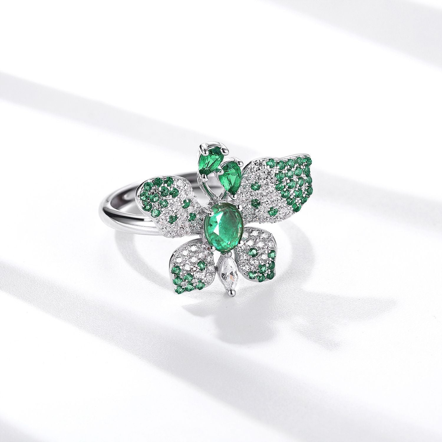 Partysu Butterfly Shape Ring S925 Silver Inlay Natural Emerald