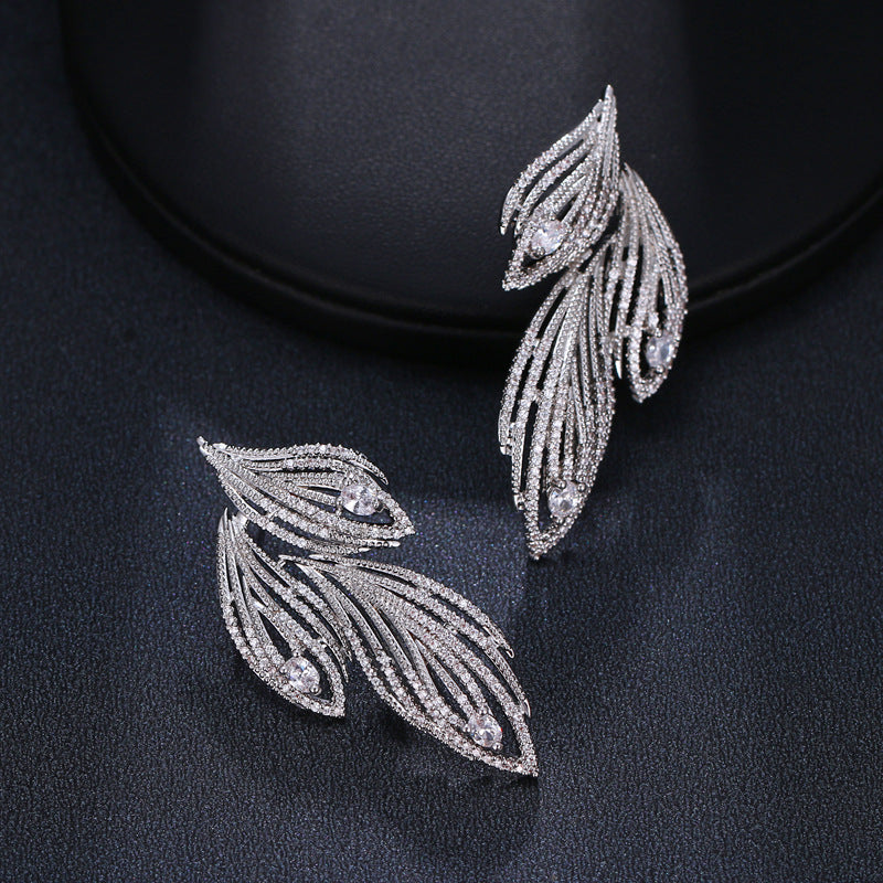 Leaf-shaped Full Rhinestone Zircon Earrings For Women