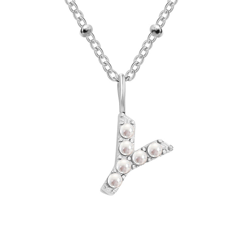 Niche Clavicle Chain 26 Pearl Letter Pendant Simple Stainless Steel Necklace Y Stainless Steel