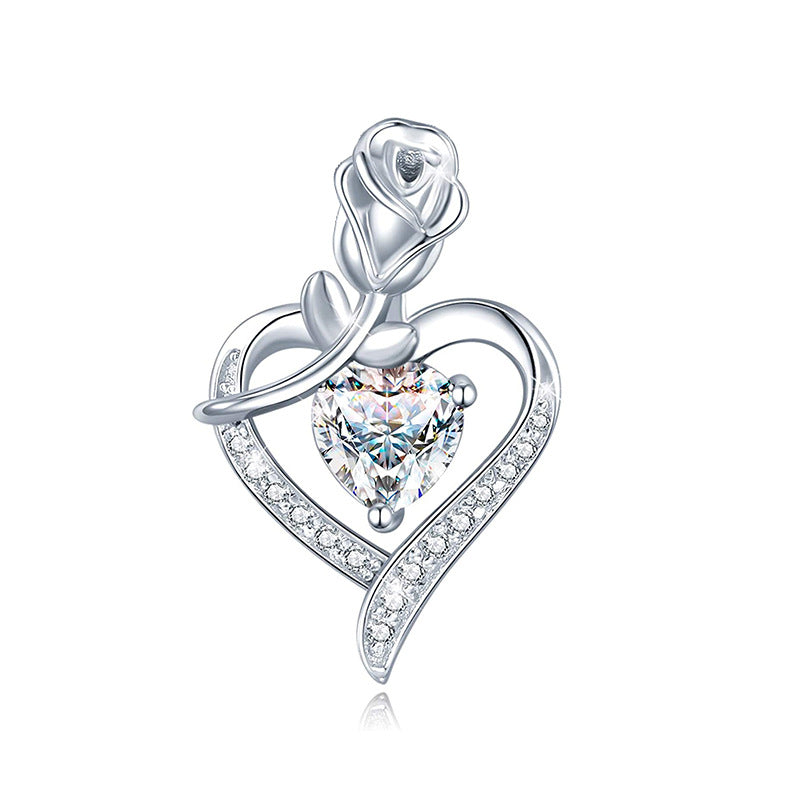 925 Silver Heart-shaped Rose Zircon Necklace Single Pendant Not Necklace 925 Silver