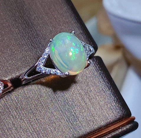 925 Silver Inlaid Natural Australian Opal Ring White Gold Color Adjustable Opening