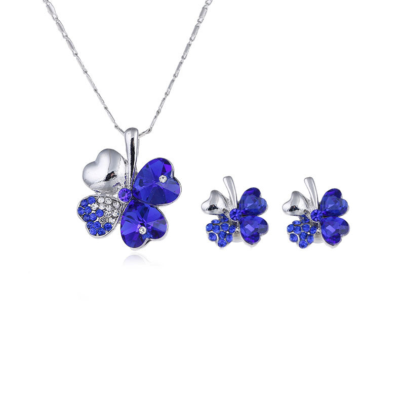 Four-leaf clover crystal necklace earrings Royal Blue 1 set