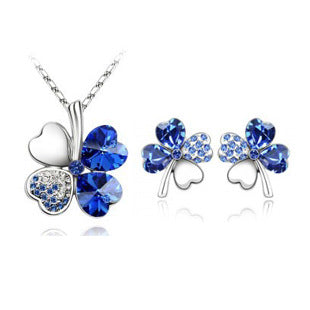 Four-leaf clover crystal necklace earrings Light Blue 1 set