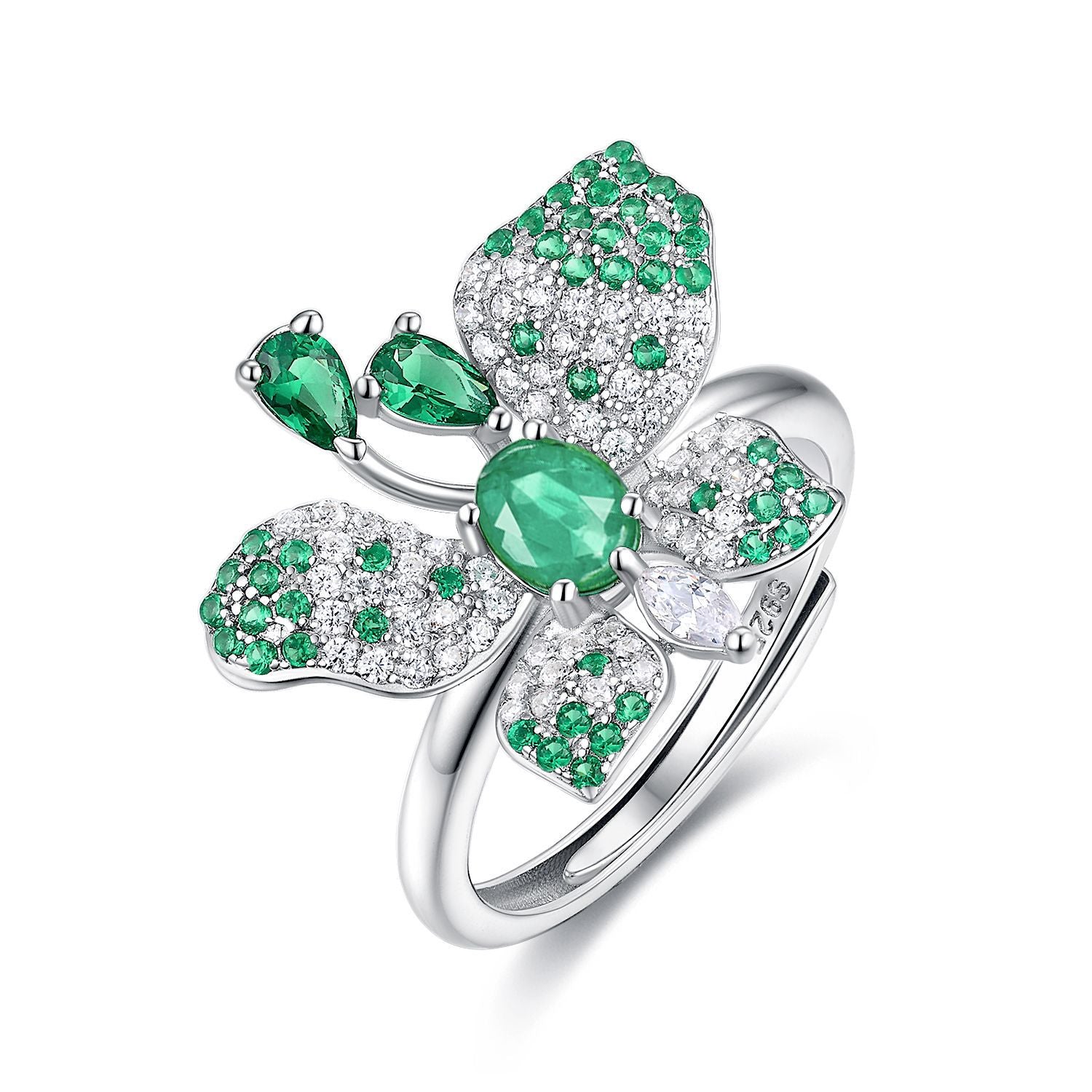 Partysu Butterfly Shape Ring S925 Silver Inlay Natural Emerald Platinum Adjustable Opening