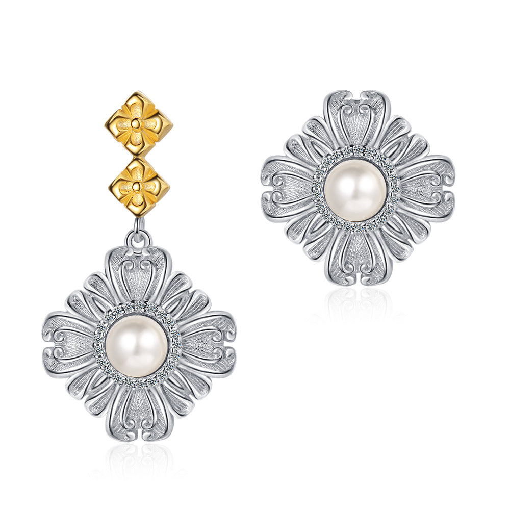 Freshwater Pearl 925 Sterling Silver Exaggerated Personalized Asymmetric Stud Earrings