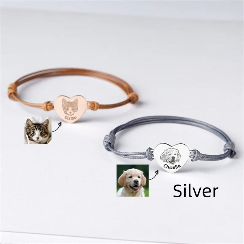 DIY Dogs And Cats Pet Memorial Braided Rope Adjustable Size Custom Bracelet Silver