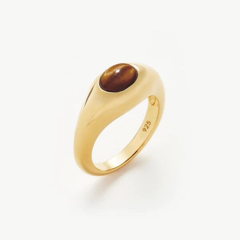 Simple Senior Sense Retro Gem 18K Gold Plated Couple Ring Tigers eye stone ring