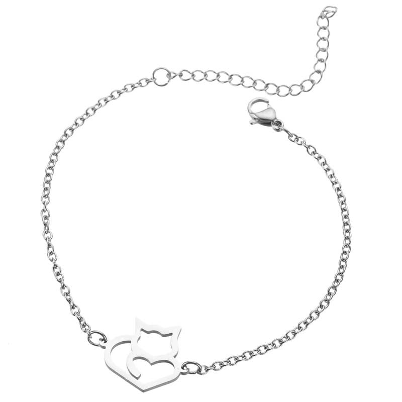 Simple And Elegant Stainless Steel Cute Long Tail Love Cat Bracelet Silver