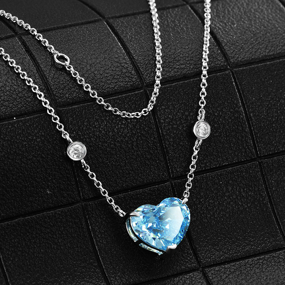 Ocean Blue Heart-shaped Zircon S925 Sterling Silver Platinum 925 Silver