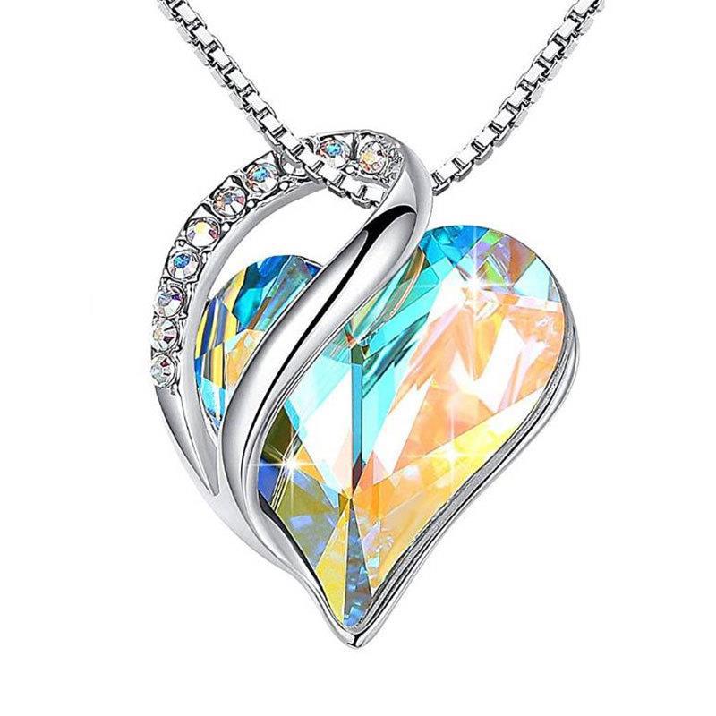 Sterling Silver Geometric Heart Shape Colorful Crystal Pendant Necklace For Women NE22016 Colorful Light Blue 925 Silver