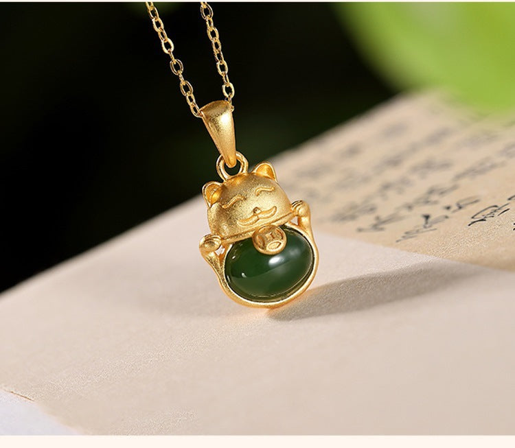 Lucky Cat Hetian Jade Ancient Law Gold Pendant Female Niche Single Green Chalcedony