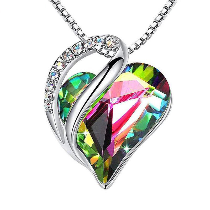 Sterling Silver Geometric Heart Shape Colorful Crystal Pendant Necklace For Women NE22016 Colorful Green 925 Silver