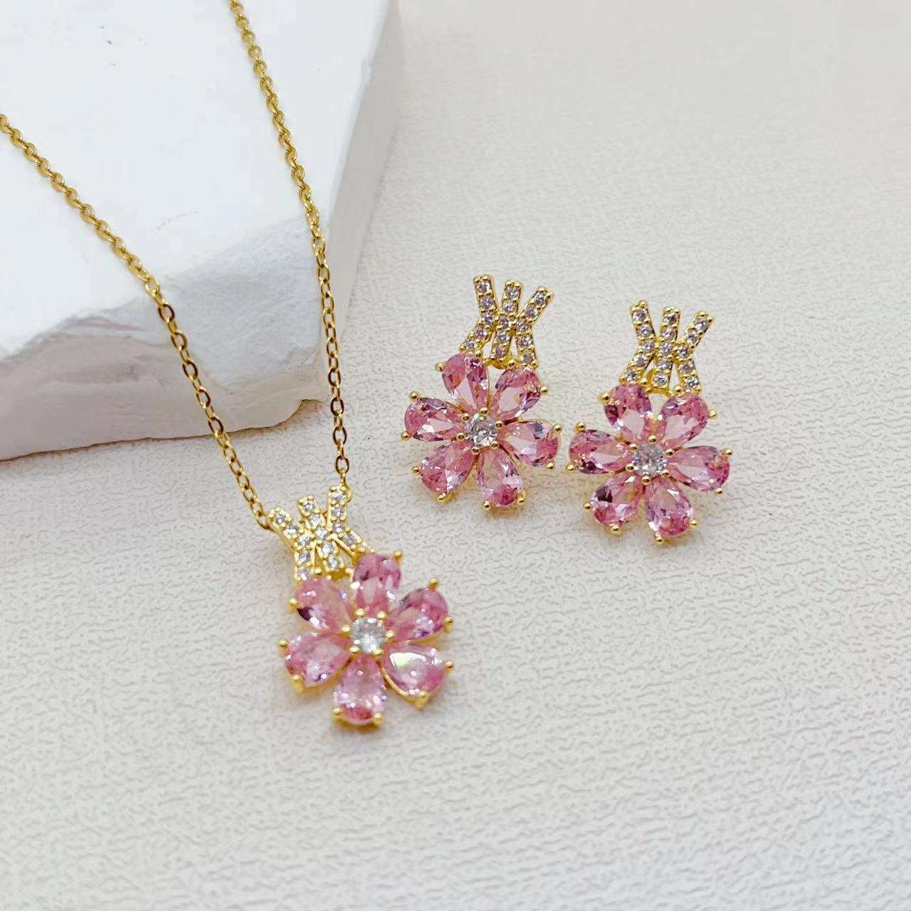 Copper Plated Gold Hand Inlaid Pink Water Drop Flower Fashion Gold